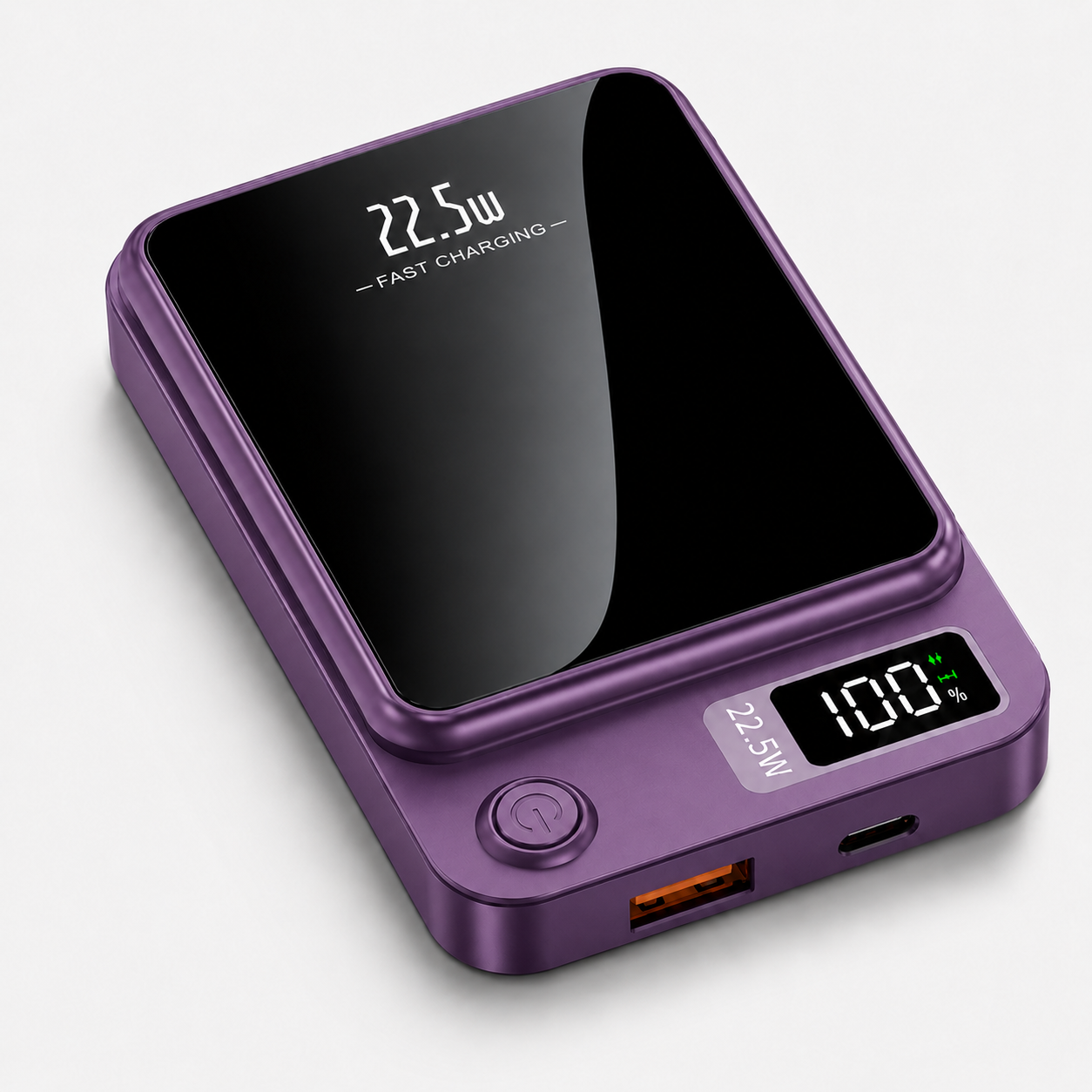 PrimeSync MagBoost 10000mAh magnetic power bank shown in a soft matte lavender purple finish. Isometric view showcases the glossy black front faceplate, the circular power button, and the bright green LED digital battery percentage display.