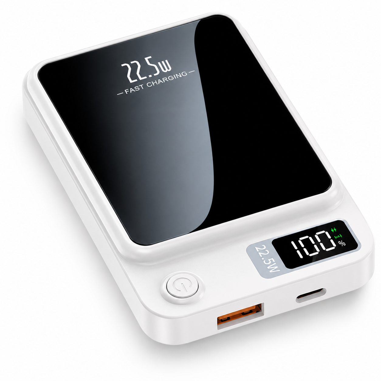PrimeSync MagBoost 10000mAh magnetic power bank in matte white. Isometric view showcases the premium glossy black front panel with a green LED digital display showing 100% battery life, and clean text indicating 22.5W Fast Charging capabilities.