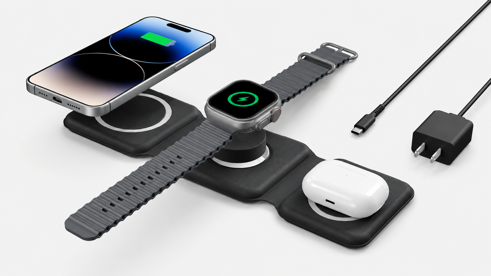 Concept image showing the PrimeSync black foldable travel charger with devices hovering above their respective magnetic charging zones: an iPhone, an Apple Watch Ultra, and AirPods Pro. Next to the charger sits the included black USB-C cable and premium 20W wall adapter plug.