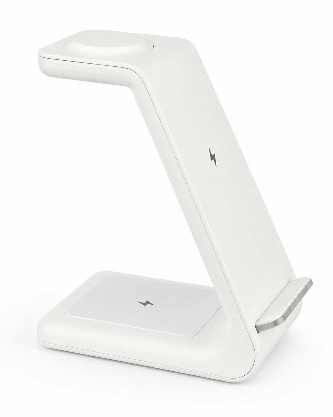 Diagonal front-right perspective of the standalone PrimeSync 3-in-1 wireless charger in a clean matte white finish. Features minimalist gray lightning bolt charging icons on the vertical phone pad and the base, highlighting its modern, tech-forward aesthetic.