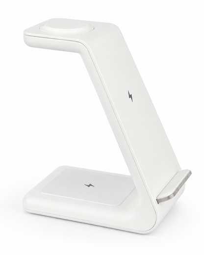 Diagonal front-right perspective of the standalone PrimeSync 3-in-1 wireless charger in a clean matte white finish. Features minimalist gray lightning bolt charging icons on the vertical phone pad and the base, highlighting its modern, tech-forward aesthetic.