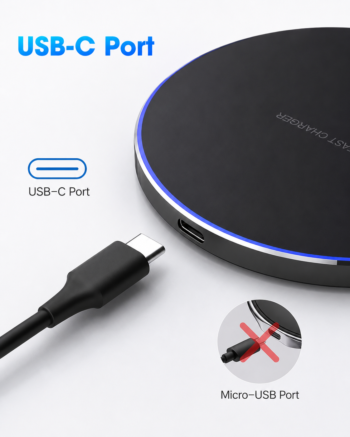 Close-up infographic highlighting the modern USB-C input port on the brushed aluminum edge of the PrimeSync wireless charging pad. Icons explicitly show compatibility with premium USB-C cables while rejecting outdated micro-USB connections.