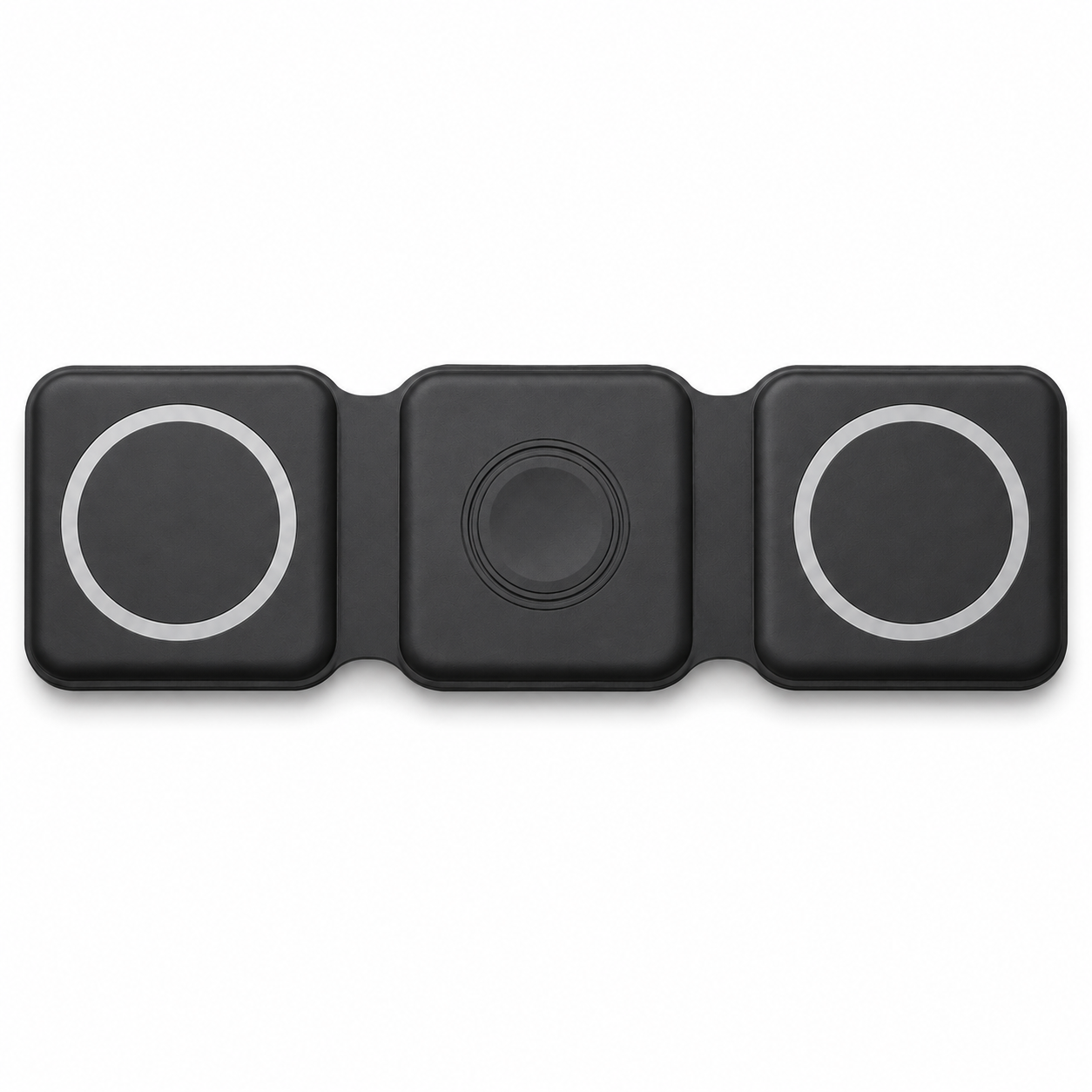 Top-down birds-eye view of the PrimeSync black foldable wireless travel charger lying completely flat on a white background. Shows the perfect minimalist symmetry of the three consecutive charging zones designed for smartphone, watch, and earbuds.