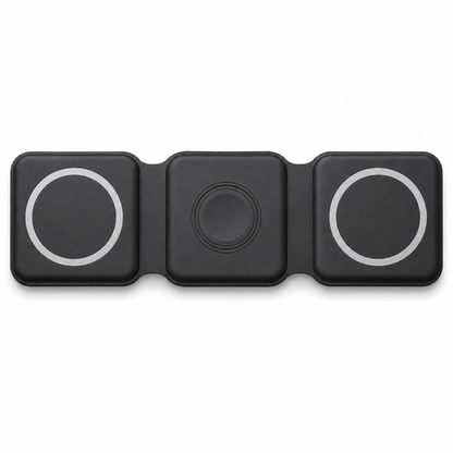 Top-down birds-eye view of the PrimeSync black foldable wireless travel charger lying completely flat on a white background. Shows the perfect minimalist symmetry of the three consecutive charging zones designed for smartphone, watch, and earbuds.