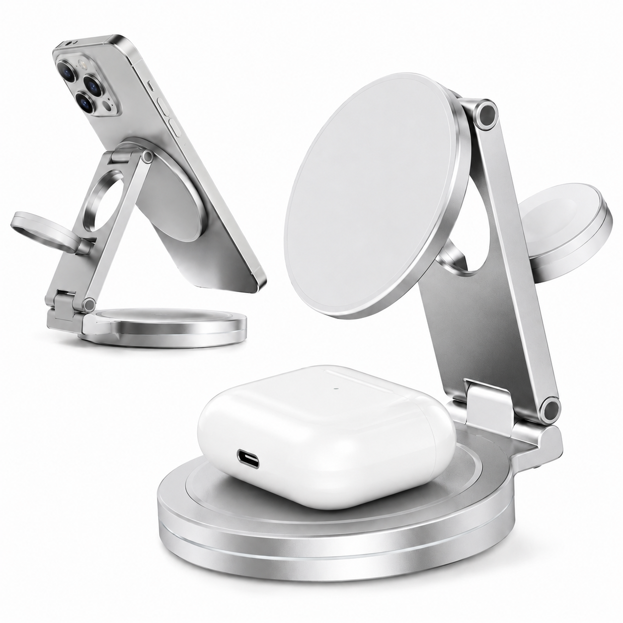 Two PrimeSync premium modular MagSafe charging hubs shown side-by-side. The left stand holds a silver iPhone vertically with its Apple Watch charger extended. The right stand shows a glossy white wireless earbuds case charging horizontally on the sleek brushed aluminum base.