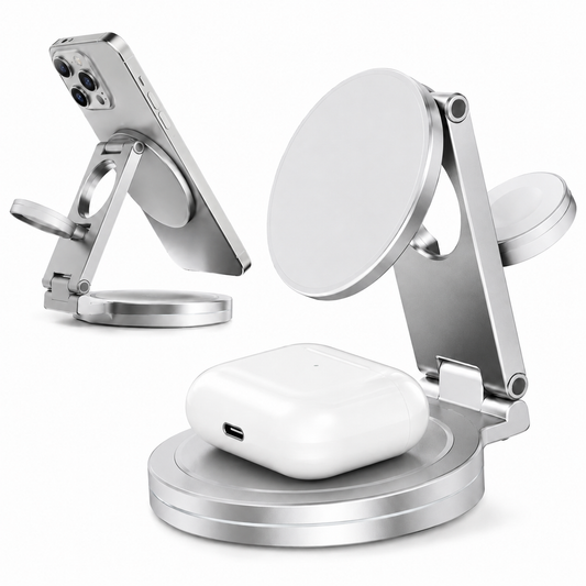 Two PrimeSync premium modular MagSafe charging hubs shown side-by-side. The left stand holds a silver iPhone vertically with its Apple Watch charger extended. The right stand shows a glossy white wireless earbuds case charging horizontally on the sleek brushed aluminum base.