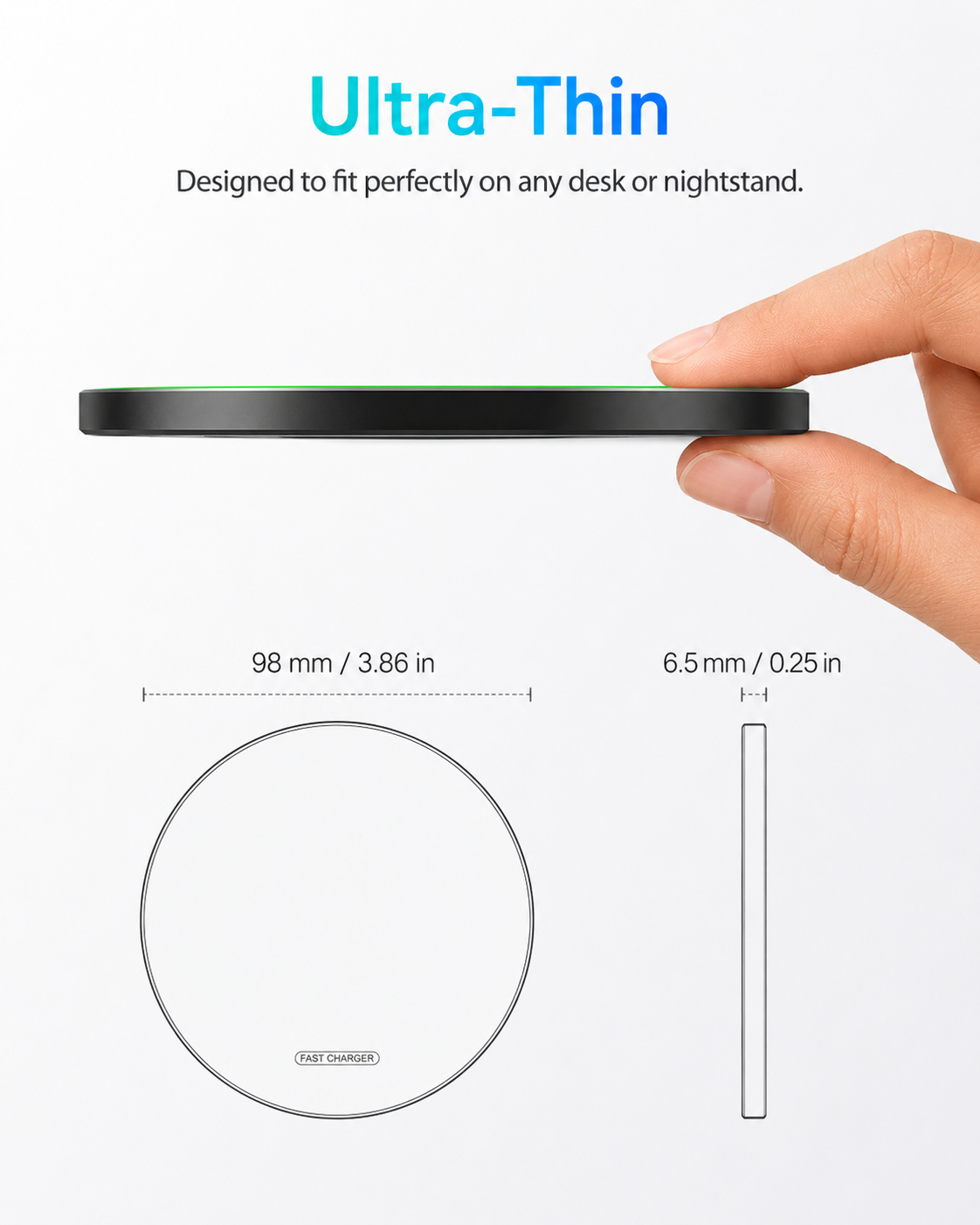 Technical dimensions infographic for the PrimeSync wireless charger. A hand holds the ultra-thin charging pad, emphasizing its sleek low-profile design. Schematic diagrams indicate the exact dimensions: 98 millimeters wide and only 6.5 millimeters thick.