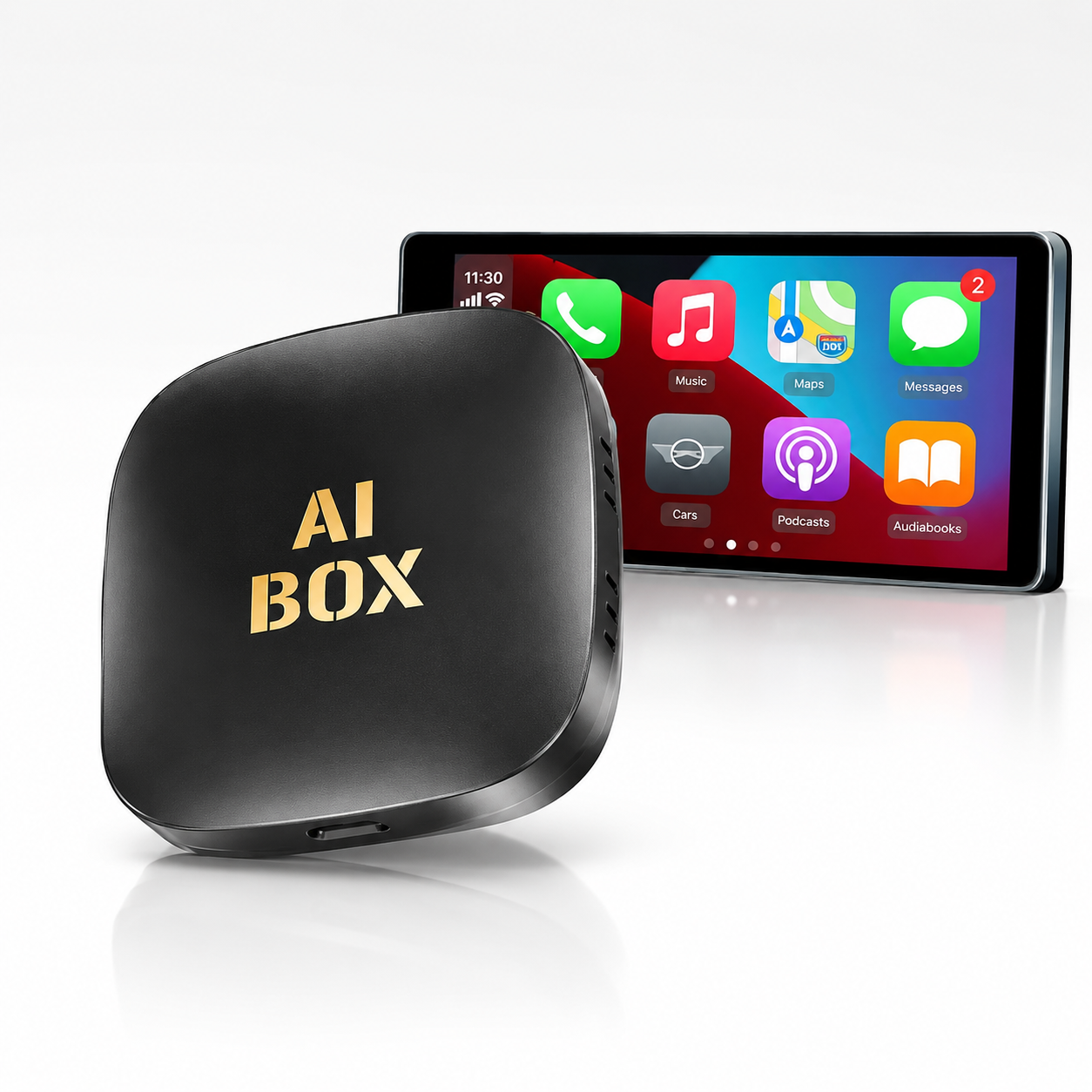 Contextual lifestyle image showing the PrimeSync AI Box connected to a sleek, widescreen vehicle infotainment display. The floating dashboard screen displays a vibrant, full-color Apple CarPlay user interface with icons for phone, music, and maps navigation.