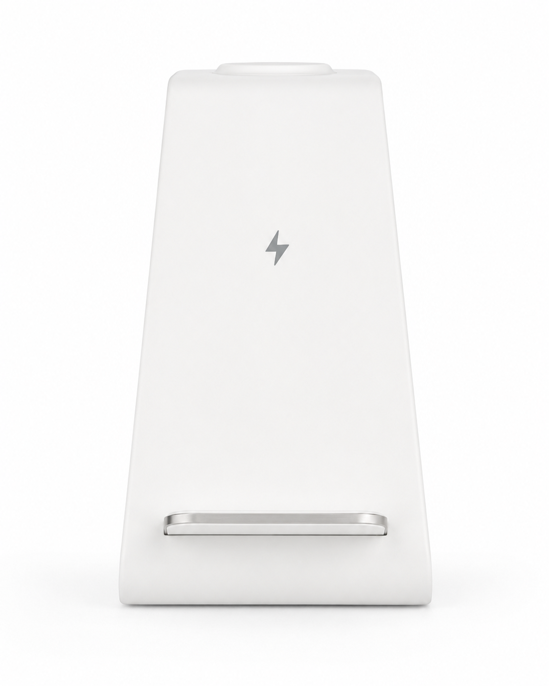 Direct front-facing view of the PrimeSync standalone white wireless charger. The image clearly highlights the gray protective anti-slip silicone grip pad located inside the bottom resting shelf, ensuring expensive devices stay secure while charging.