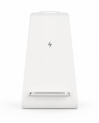 Direct front-facing view of the PrimeSync standalone white wireless charger. The image clearly highlights the gray protective anti-slip silicone grip pad located inside the bottom resting shelf, ensuring expensive devices stay secure while charging.