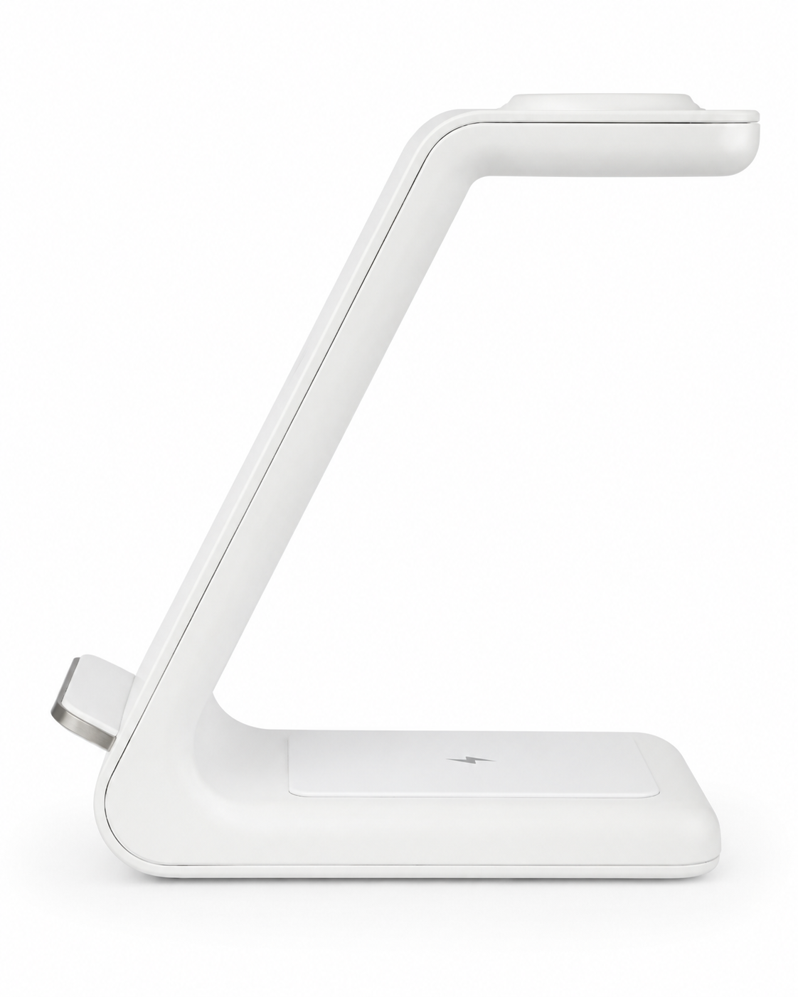 Exact side profile view of the PrimeSync white wireless charging stand against a pure white background. The image highlights its sleek geometric Z-shaped structural design, engineered to save space on modern remote work desks.